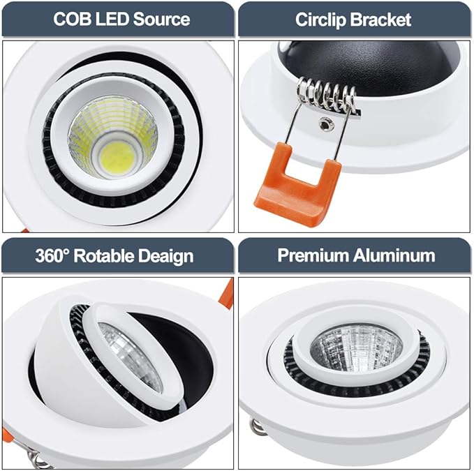 2-Inch Eyeball Gimbal LED Recessed Lighting Dimmable Downlight, 3W Equivalent (35W Halogen), Adjustable Spotlight, 5000K Daylight White, CRI80, Ceiling Light with LED Driver (1 Pack)