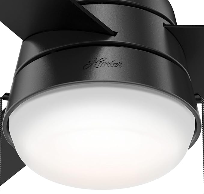 Hunter 36 inch Small Indoor Ceiling Fan with LED Light and Pull Chain - Modern Ceiling Fan, Standard Mount, 3 Blades, For Bedroom, Home Office, or Laundry Room, Quiet - Aker 59302, Matte Black