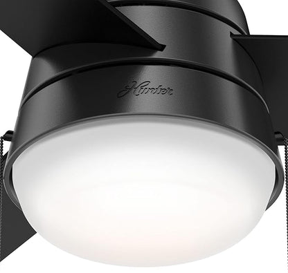 Hunter 36 inch Small Indoor Ceiling Fan with LED Light and Pull Chain - Modern Ceiling Fan, Standard Mount, 3 Blades, For Bedroom, Home Office, or Laundry Room, Quiet - Aker 59302, Matte Black