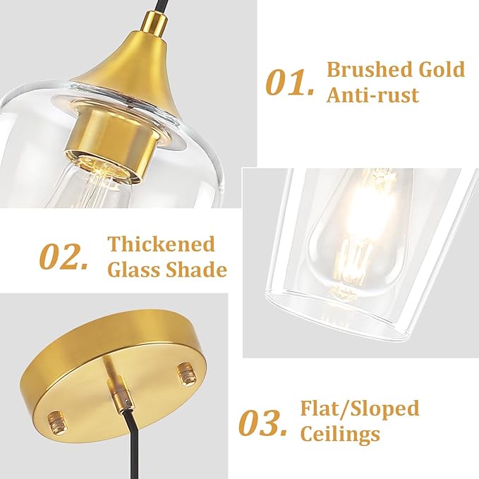 2-Pack Brushed Gold Pendant Lights Kitchen Island, Modern Glass Pendant Lighting Over Island Kitchen Hanging Light Fixtures Hallway Pendant Lights for Bathroom Dining Room Entryway Foyer Bedroom