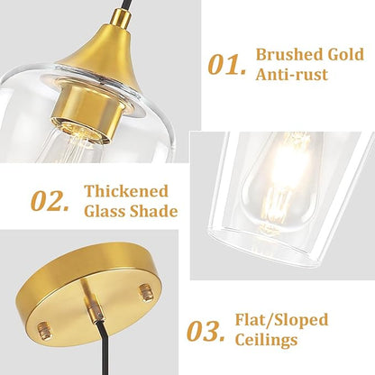 2-Pack Brushed Gold Pendant Lights Kitchen Island, Modern Glass Pendant Lighting Over Island Kitchen Hanging Light Fixtures Hallway Pendant Lights for Bathroom Dining Room Entryway Foyer Bedroom