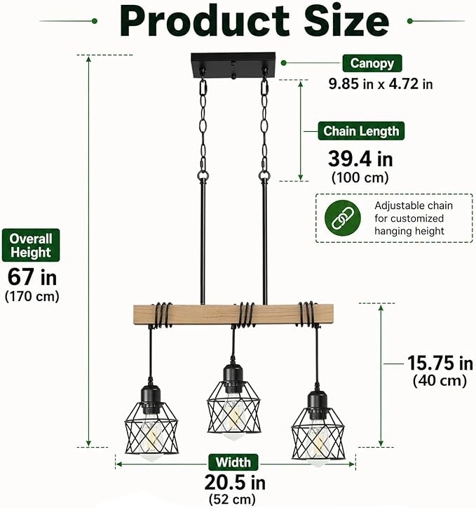 3 Light Farmhouse Kitchen Island Lighting,Dining Room Light Fixture,Adjustable Height Pendant,Real Wood and Black Metal Cage Chandelier for Kitchen,Dining Room