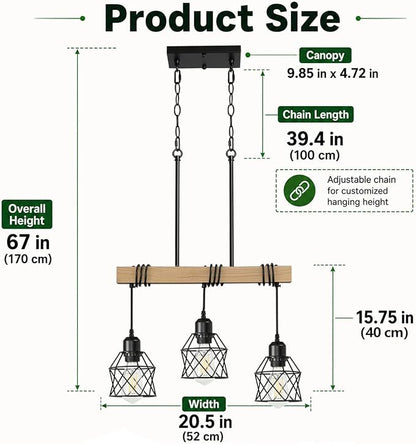 3 Light Farmhouse Kitchen Island Lighting,Dining Room Light Fixture,Adjustable Height Pendant,Real Wood and Black Metal Cage Chandelier for Kitchen,Dining Room