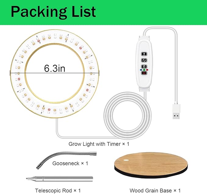 Grow Light for Indoor Plants Full Spectrum, Desk LED Plant Light with Faux Wood Grain, 12"-43" Height Adjustable, Auto On/Off Timer 3/9/12H, 3 Modes 10 Dimmable Levels for Succulents, Herbs