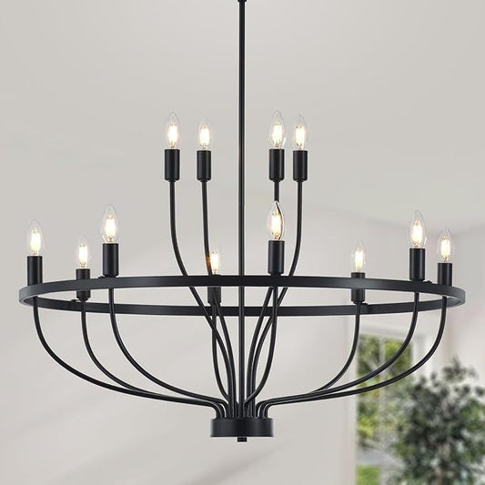 33.5" Industrial Black Chandelier Vintage 12-Lights Rustic Candle Style Chandeliers Light Fixture Retro Farmhouse Black Chandelier for Dining Room, Kitchen Island, Living Room, E12