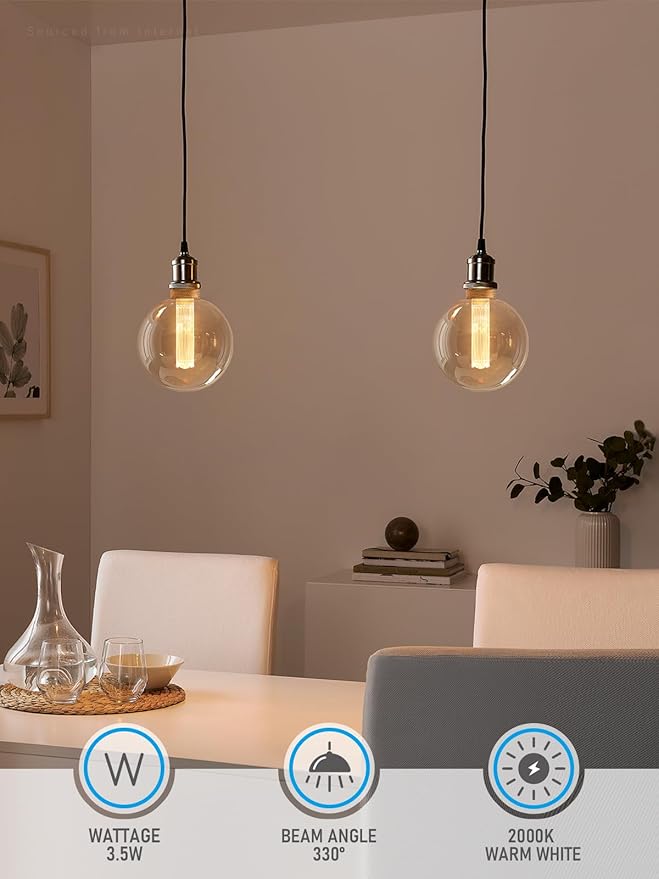 ESCENA Artist Series LED Globe Decorative Light Bulb 3.5W, G125 Round Edison Bulbs Dimmable, Virtual Filament Vintage Edison Bulb, Amber, E26 Medium Base, 2000K Soft Warm, UL Listed