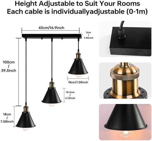 FIRVRE Pendant Light 3-Flame Height Adjustable, Ceiling Lamp Hanging Vintage for Dining Room Hallway Living Room, E26 Hanging Lamp Industrial Metal for Dining Table