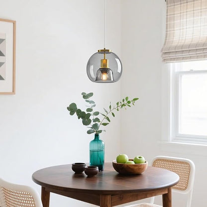 Light Grey Glass Pendant Lights Kitchen Island Gold Hanging Light Fixture Glass Globe Pendant Light Modern Pendant Lighting for Kitchen Island Bedroom Dining Room (7.87", 3 Pack)