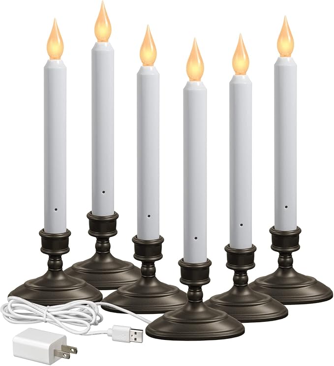Xodus Innovations FPC1370A-6 LED Plug-in Window Candle with Hot Spot Technology Dusk to Dawn Sensor and Choose Warm or White Flame, Aged Bronze/Black, Pack of 6