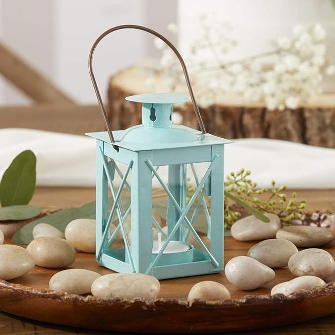 Kate Aspen Rustic Shelf Decor Luminous Vintage Tea Light Votive Candle Holders Metal Mini Decorative Lantern, Distressed Teal Blue