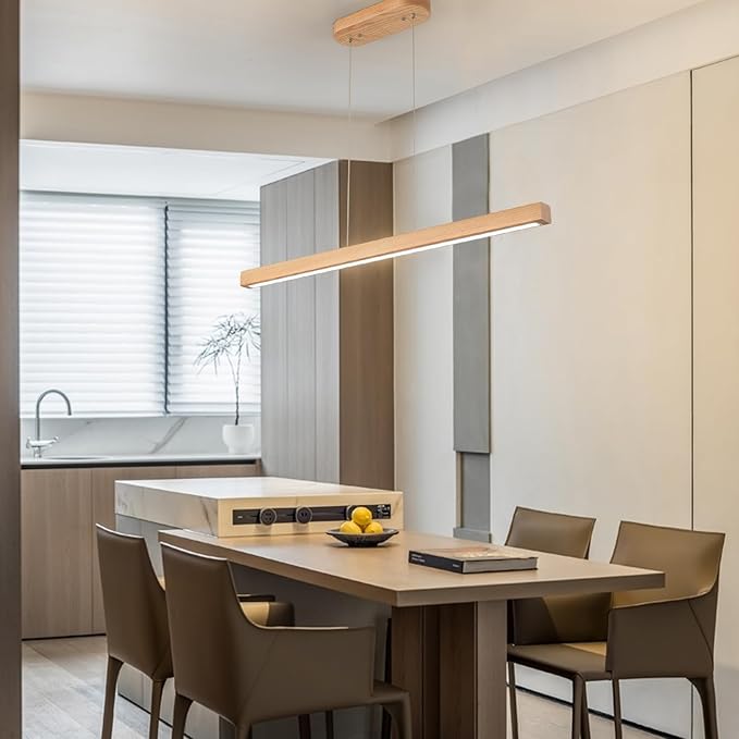 39" Wooden Linear Pendant Light LED Pendant Lights Dimmable Pool Table Island Lights Modern Linear Chandeliers for Dining Room Kitchen Ceiling Pendant Lamp for Kitchen Island Billiard Room Natural