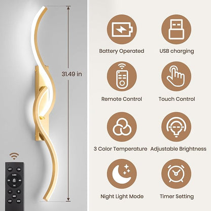 Battery Operated Wall Sconces, Rechargeable Wall Sconces, 3000K-6500K LED Wireless Wall Light, Modern Wall Lamp not Hardwired for Living Room Bedroom Hallway (Gold)