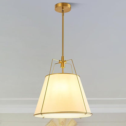Modern Pendant Light Fixtures with 16" Off-White Linen Fabric Shade, Adjustable Hanging Light Fixture,3-Light Drum Gold Vintage Chandelier for Kitchen Island Bedroom Dining Room Foyer