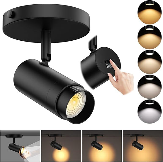 10W Zoomable 5-Color LED Ceiling Spotlight Directional Ceiling Light Indoor Adjustable Ceiling Spot Light Fixture Black Dimmable Flush Mount Accent Lighting 15-60° for Kitchen 1000lm CRI90