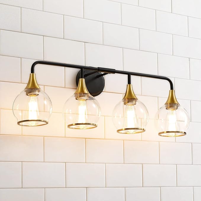 Black and Gold Bathroom Vanity Light 4-Light Bathroom Vanity Light Fixtures Over Mirror with Clear Glass Shade 30.7 inch Wall Sconce Lighting Bath(Exclude E26 Bulb)