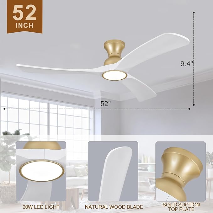 White Gold Ceiling Fans with Lights Flush Mount,52 inch Solid Wood,Remote Control,Wall Switch,Dimmable,Reversible,Power Off Memory Modern Ceiling Fan for Bedroom Patio Indoor/Outdoor Use