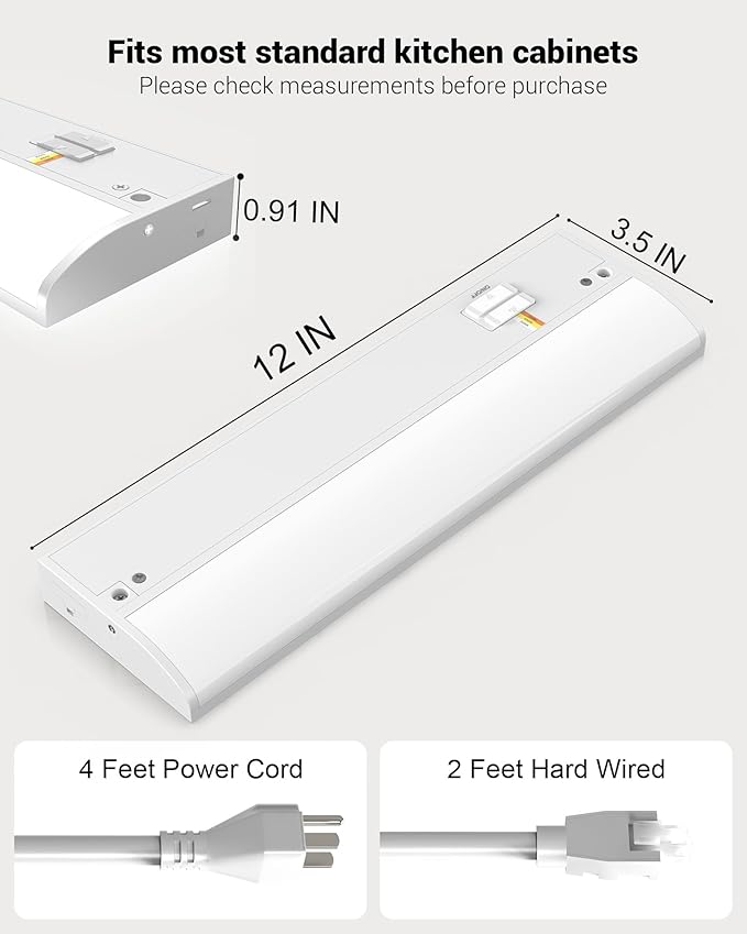 12 Inch LED Under Cabinet Light, Plug in Kitchen Lighting, 3CCT Selectable (3000K/4000K/5000K), CRI94 High Color Accuracy, Linkable, Slim Design, Matte White