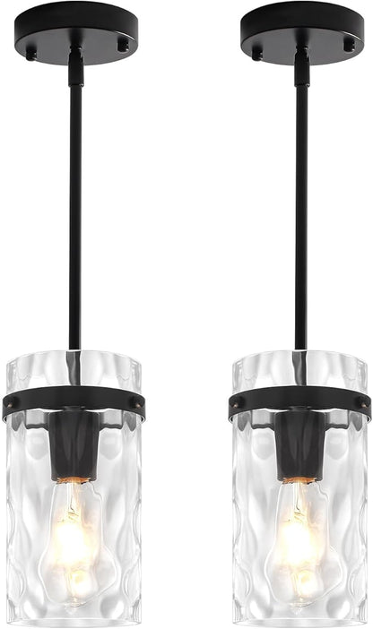 2 Pack Black Pendant Lights Kitchen Island, Modern Hammered Glass Pendant Lighting Over Island Hanging Kitchen Light Fixtures Hallway Ceiling Lights Adjustable Pendant Light for Dining Room Entryway