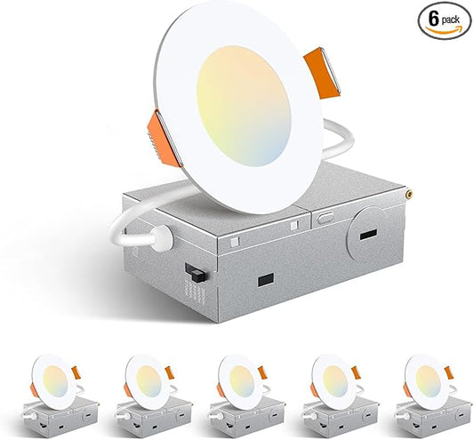 Amico 6 Pack 3 Inch 5CCT Ultra-Thin LED Recessed Ceiling Light with Junction Box, 2700K/3000K/3500K/4000K/5000K Selectable, 7W Eqv 60W 500LM Brightness Dimmable Canless Wafer Downlight, ETL
