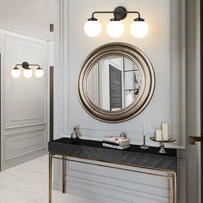 Black Bathroom Light Fixtures Over Mirror, 22.4'' 3-Light Modern Vanity Lighting with Milk White Glass Globe Shade Wall Sconce