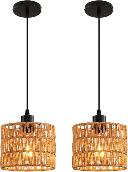Woven Pendant Light Boho Chandelier, Rattan Pendant Lights Kitchen Island, Farmhouse Pendant Lighting with Hand Woven Wicker Shade, Boho Chandelier Light Fixtures Ceiling Hanging Light