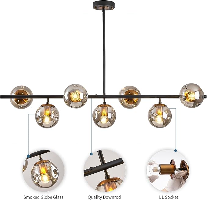Modern linear chandeliers for dining room,7 Lights Glass Globe sputnik ceiling light fixture 41" Mid Century black and gold chandelier (Large Long Pendant Hanging Lighting for Kitchen Island)