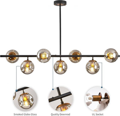 Modern linear chandeliers for dining room,7 Lights Glass Globe sputnik ceiling light fixture 41" Mid Century black and gold chandelier (Large Long Pendant Hanging Lighting for Kitchen Island)