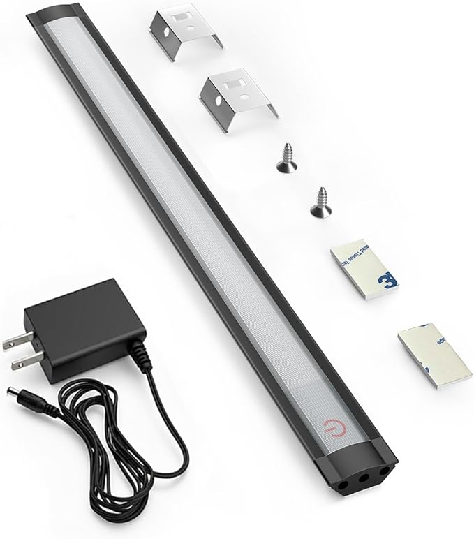 MYPLUS Under Cabinet Lights, 12" Touch Activated and Dimmable Aluminum LED Bar for Kitchen, Workbench and Desk, Warm White 3000K, Plug-in, Black.