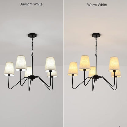 Chandelier with Linen Shade, Black Dining Room Light Fixtures Over Table, Classic Pendant Light Fixtures Ceiling Hanging Lighting for Living Room Bedroom, 5-Arm, 30" Dia