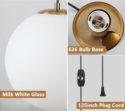 Plug in Globe Pendant Light, Mid Century Globe Hanging Lamp with Cord and ON/Off Switch, Modern Gold Chandelier with Milk Glass for Kitchen Island Dining Room Bedroom Hallway Foyer
