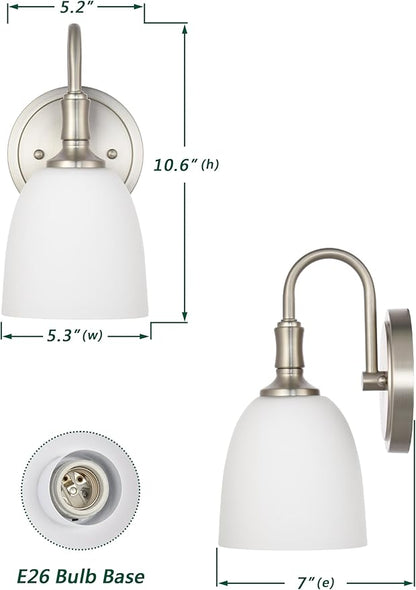 Vintage Traditional 1-Light Indoor Wall Sconce with Frosted Glass Bathroom Bedroom Hallway, 10.6" H x 5.3" W, Brushed Nickel