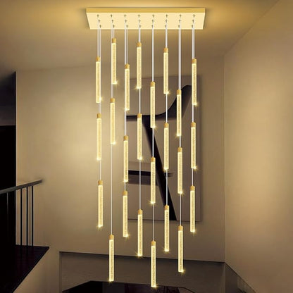 Modern Rectangular Crystal Chandeliers LED Dimmable Crystal Column Chandelier Living Room Foyer Crystals Pendant Light for Dining Room Adjustable Height 24-Light Gold