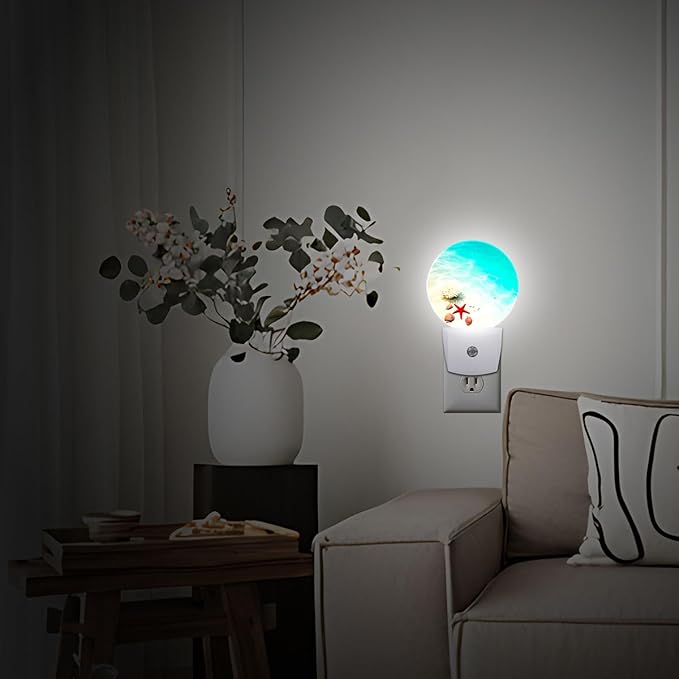 Beach Seashell Starfish Plug in Night Light Auto Light Round Lamps Energy Saving Gift for Women Men Friends