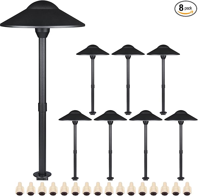 Lumina Lighting® Low Voltage Landscape Lighting Cast-Aluminum Path and Area Light Warm White 3W G4 LED Bulb and ABS Ground Stake Included for Yard Walkway Lawn PAL0108-BKLED8 (Black,8-Pack)