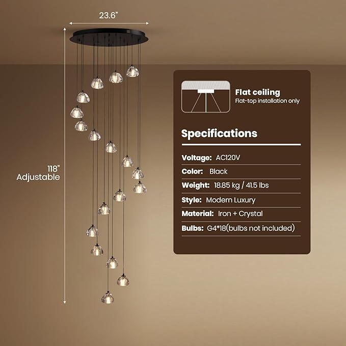 SNZ Modern Crystal Chandelier for Staircases, 18-Light High Ceiling Chandelier, 118" Long Adjustable Ceiling Light for Entrance, Large Chandeliers for High Ceilings, Hallway Entryway
