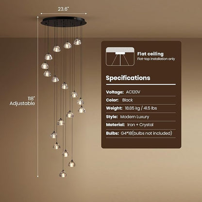 SNZ Modern Crystal Chandelier for Staircases, 18-Light High Ceiling Chandelier, 118" Long Adjustable Ceiling Light for Entrance, Large Chandeliers for High Ceilings, Hallway Entryway