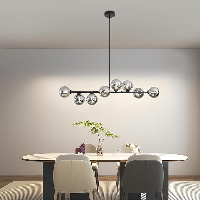 Sputnik Chandelier for Dining Room, 8 Lights Linear Bubble Chandelier with Grey Glass Lampshade, Mid Century Globe Pendant Lights, Kitchen Chandelier Over Table - Black