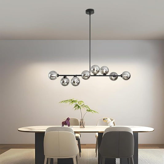 Sputnik Chandelier for Dining Room, 8 Lights Linear Bubble Chandelier with Grey Glass Lampshade, Mid Century Globe Pendant Lights, Kitchen Chandelier Over Table - Black