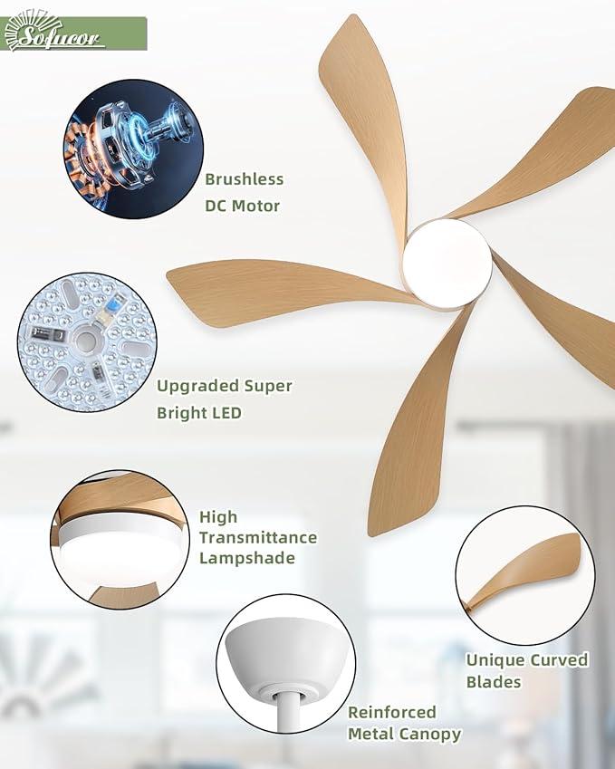 Sofucor 45 Inch Ceiling Fan with Lights and Remote, Indoor/Outdoor Ceiling Fan with Light 6-Speed 3 CCT 3-Timer, Low Profile Modern Ceiling Fan 5 Blade Quiet DC Motor for Bedroom Living Room Patio