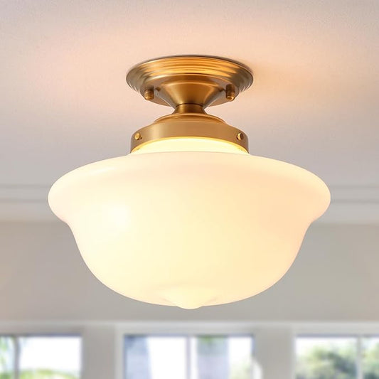 Schoolhouse Light Fixture, 12 Inch Black Finish with Milk Glass Semi Flush Mount Ceiling Light, Ceiling Light Fixture for Kitchen Hallway Entryway