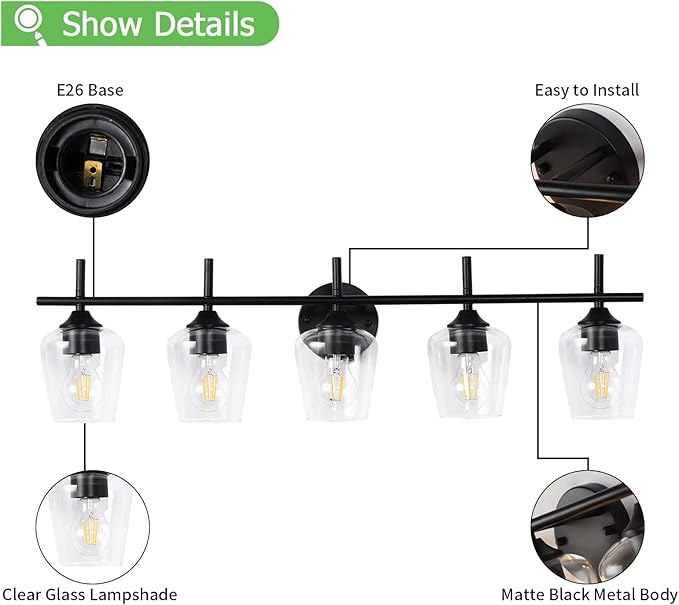 Bathroom Light Fixtures 5-Light Black Vanity Light with Clear Glass Shade, Modern Wall Lights for Bedroom Hallway Living Room (Black, 5-Light)