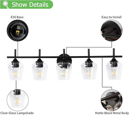 Bathroom Light Fixtures 5-Light Black Vanity Light with Clear Glass Shade, Modern Wall Lights for Bedroom Hallway Living Room (Black, 5-Light)