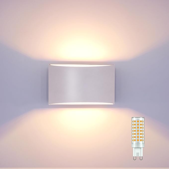 KICAAO Modern LED Wall Sconce,Warm White 3000K,Hardwired Indoor Wall Lights Set of 2 Up and Down Wall Mount Light for Living Room Bedroom Hallway Corridor Conservatory(with G9 Bulbs) (White)