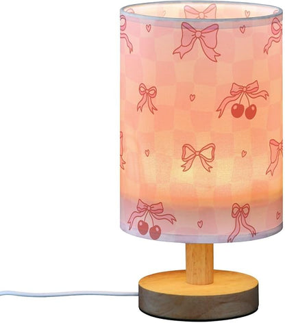 Bedside Table Lamp Pink Bow Cherry Checkered Nightstand Lamp with Wood Desk Lamps for Bedroom Living Room Nursery Office Home Decor