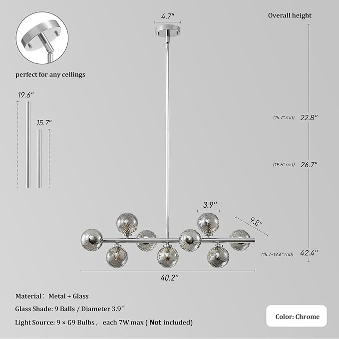 Mid Century Modern Sputnik Chandeliers: 9-Light Chrome Linear Dining Room Light Fixture - 40" Long Smoke Grey Glass Globe Modern Silver Pendant Chandelier Lighting for Living Room Kitchen Island Table