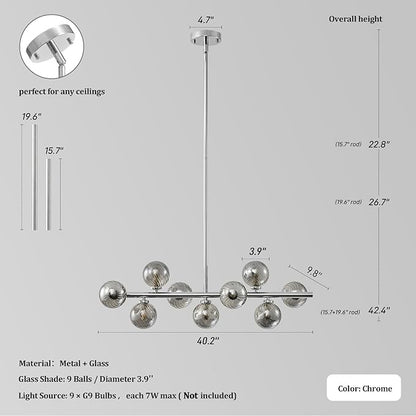 Mid Century Modern Sputnik Chandeliers: 9-Light Chrome Linear Dining Room Light Fixture - 40" Long Smoke Grey Glass Globe Modern Silver Pendant Chandelier Lighting for Living Room Kitchen Island Table