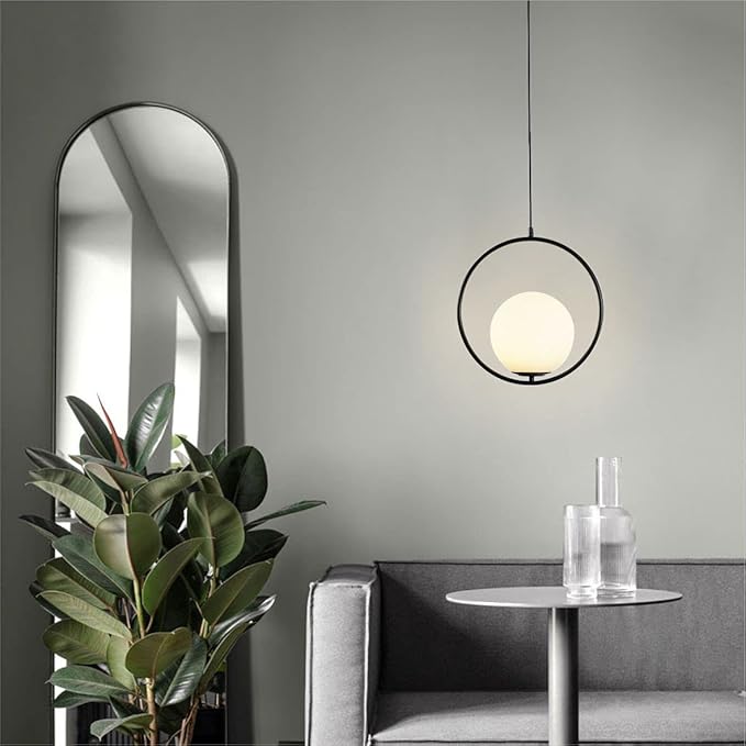 Vintage Pendant Light 1-Light Black Glass Globe Ceiling Pendant Lamp Chandelier Oval Shape Hanging Pendant Light Fixtures for Bedroom Living Dining Room Kitchen (Round(25cm))