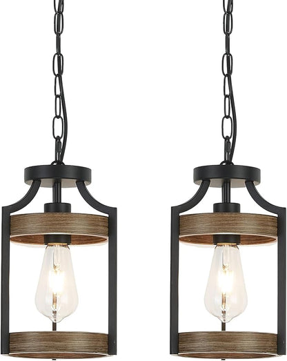 Farmhouse Pendant Light, Rustic Wood Metal Light Fixtures with Adjustable Hanging Chain, Small Pendant Lighting for Kitchen Island, Dining Room, Entryway, Cafe & Bar, 2 Pack