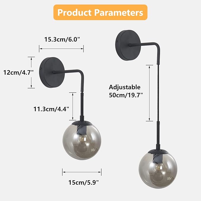 BOKT Modern Smoke Gray Glass Ball Wall Sconce Lighting Mid Century Matte Black Wall Mount Light Fixture Vanity Globe Bathroom Wall Lamp (Black+Smoke Gray)