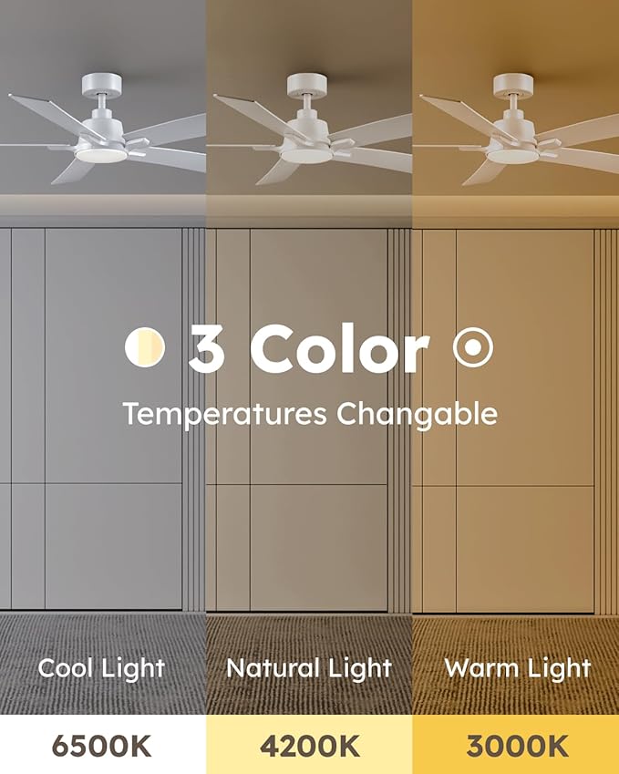 52 Inch Ceiling Fans with Lights and Remote, White Ceiling Fan, Downrod Style with 5 Blades, Modern Design For Indoor Bedroom Living Room/Outdoor, 6 Speed Reversible DC Motor, 3CCT Dimmable LED